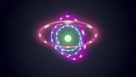 3D Glowing Gyroscope Rings Rotating Around Light Core Loop Video stock 346903574