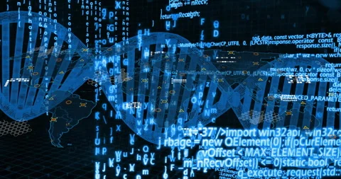 3D glowing helix emerging triggers code streams flowing around rotating DNA for Stock Footage 311226150