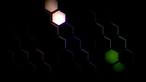 3D Glowing Hexagonal Grid with Mixed Liquid Silk Colors on Obsidian Black B.. Stock Footage 347028346
