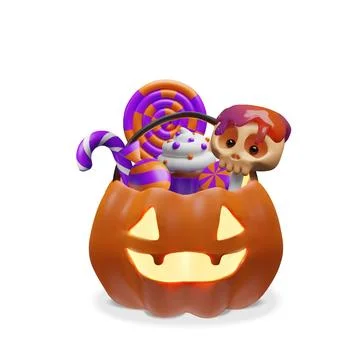 3D glowing jack-o-lantern basket with candies Stock Illustration
