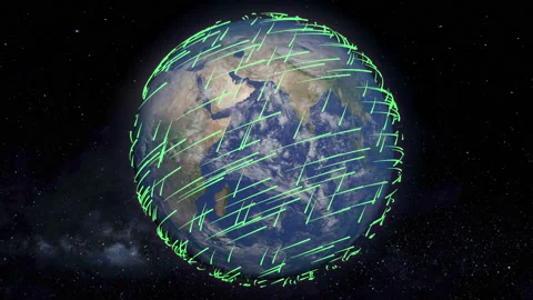 3D Glowing neon lines moving around the Earth planet.  The concept of telecommun Stock Footage 108738563