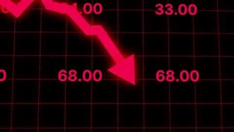 3D glowing red graph decline animation with camera tracking arrow falling down. Stock-Footage 345704501