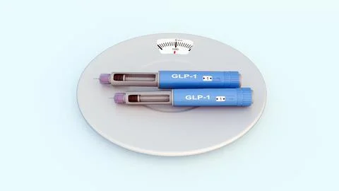 3d GLP-1 injection pen with a weighing-scale dinner plate. Stock-Illustration