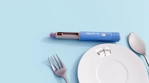 3d GLP-1 injection pen with a weighing-scale dinner plate. Stock-Illustration