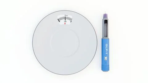 3d GLP-1 injection pen with a weighing-scale dinner plate. Stock-Illustration