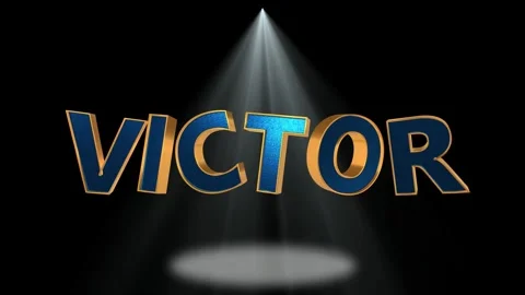3D Gold and Blue Victory Text Sign Illuminated by a Bright Spotlight on Black Stock Footage 342894380