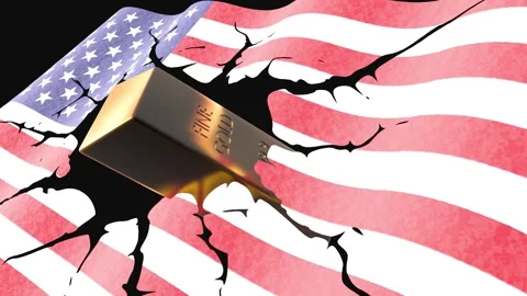 A 3d gold bar engraved "FINE GOLD" floats through a tear in the US flag Stock Footage 341321595