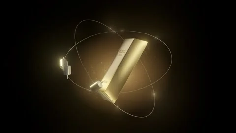 3D Gold Bar Spinning with Orbit Rings and Candlestick Loop Video on Dark 스톡 동영상 334058182