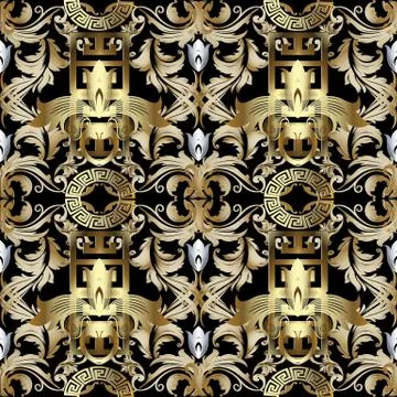 3d gold Baroque seamless pattern. Wallpaper. Greek key meander vector backgro 스톡 일러스트