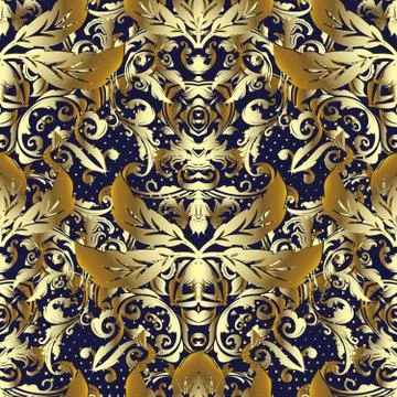 3d gold Baroque vector seamless pattern. Ornamental patterned textured backgr イラスト素材