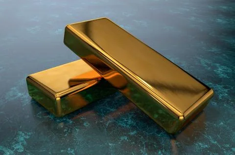 3D gold bars lie in vault on a glossy textured dark surface Ilustración de archivo