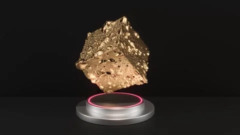 3D gold box cube with noise face on circle stage intro able to loop endless Stock Footage 278280913