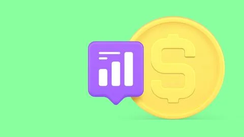 3d gold coin with a data chart icon for financial analytics. A minimalist car Stock Illustration