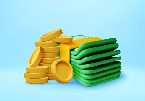 3d Gold coin stack and green banknote 库存插图