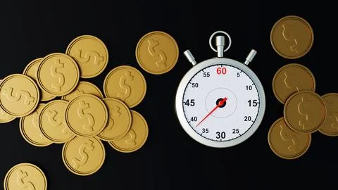 3D gold coins flow through a stopwatch gear, represents time leverage. Stock Illustration