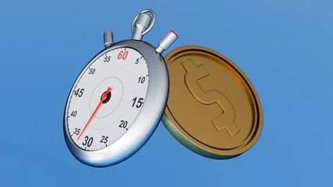 3D gold coins flow through a stopwatch gear, represents time leverage. Stock Illustration