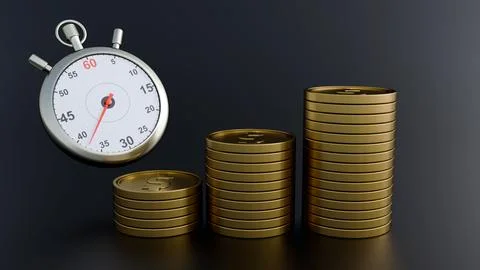 3D gold coins flow through a stopwatch gear, represents time leverage. Stock Illustration