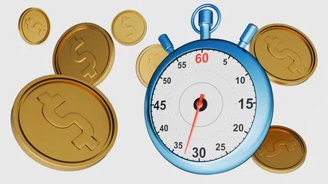 3D gold coins flow through a stopwatch gear, represents time leverage. Stock Illustration