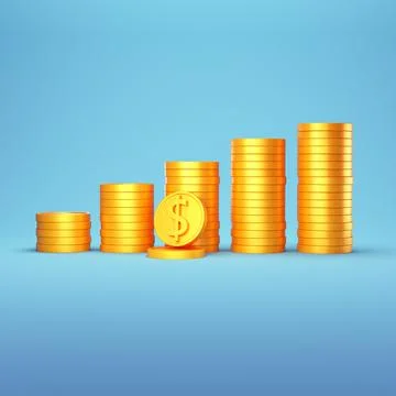 3D Gold Coins Stack on blue background, Dollar coins icon for web banner, and イラスト素材