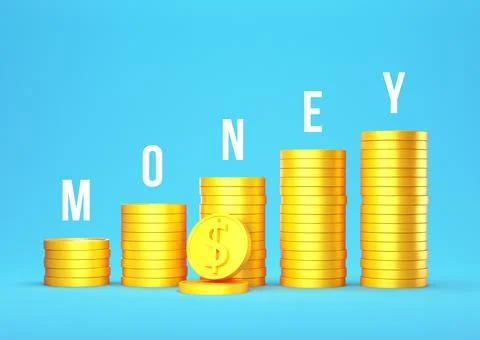 3D Gold Coins Stack on blue background with text money, Dollar coins icon for Illustrazione stock