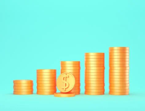 3D Gold Coins Stack on blue background, Dollar coins icon for web banner, and Stock Illustration