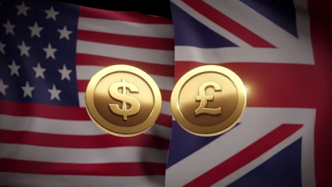 3D Gold Dollar and Pound Coins with USA and UK Flags Stock Footage 306869871