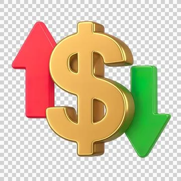 3D Gold Dollar Symbol with Red Up Arrow and Green Down Arrow on Transparent Stock Illustration