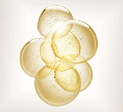 3d gold drops texture with bubbles inside. Olive or argan oil, omega vitamin Illustrazione stock