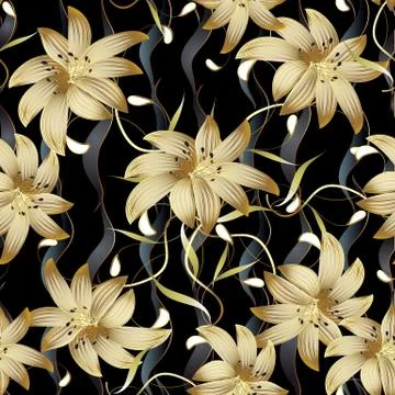 3d gold floral seamless pattern. Abstract floral black vector ba Stock Illustration
