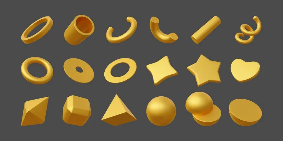3d gold objects. Golden cube, sphere, star and heart element, metal shape or Stock Illustration