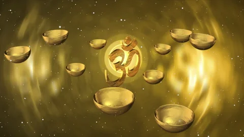3D gold Om symbol surrounded by rotation bowl tibetan 스톡 동영상 181549329
