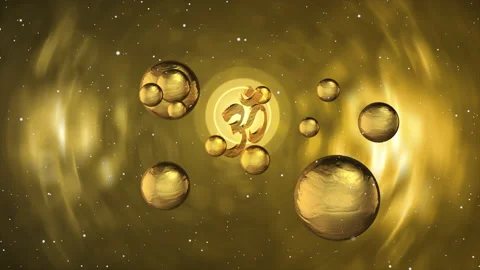 3D gold Om symbol surrounded by rotation Golden ball Stock Footage 181850276