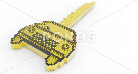3d gold pixel car key icon Stock Illustration