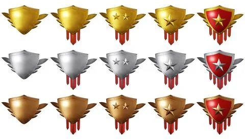 3D gold silver bronze shield set, realistic metal trophy, medieval award kit Stock Illustration