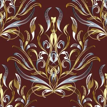 3d gold silver damask seamless pattern. Dark red vector floral background. Vi Stock Illustration