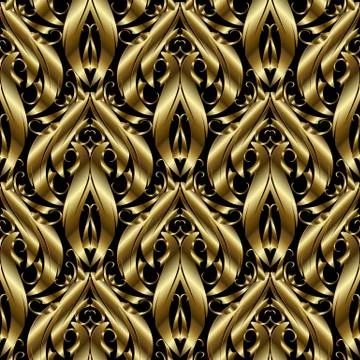 3d gold textured Baroque vector seamless pattern. Stock Illustration