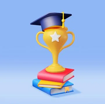 3D Gold Trophy, Books Stack and Graduation Cap Illustrazione stock