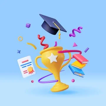 3D Gold Trophy, Books Stack and Graduation Cap Stock Illustration