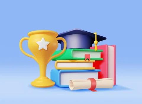 3D Gold Trophy, Books Stack and Graduation Cap Illustrazione stock
