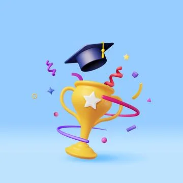 3D Gold Trophy, Confetti and Graduation Cap Stock Illustration