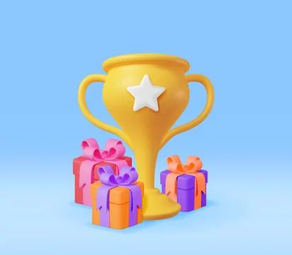 3D Gold Trophy with Gift Boxes Isolated Stock Illustration