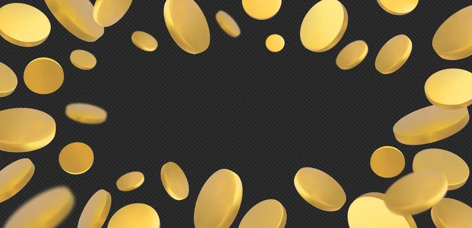 3D golden coin falling vector frame, currency cent, money cash explosion, bank Stock Illustration