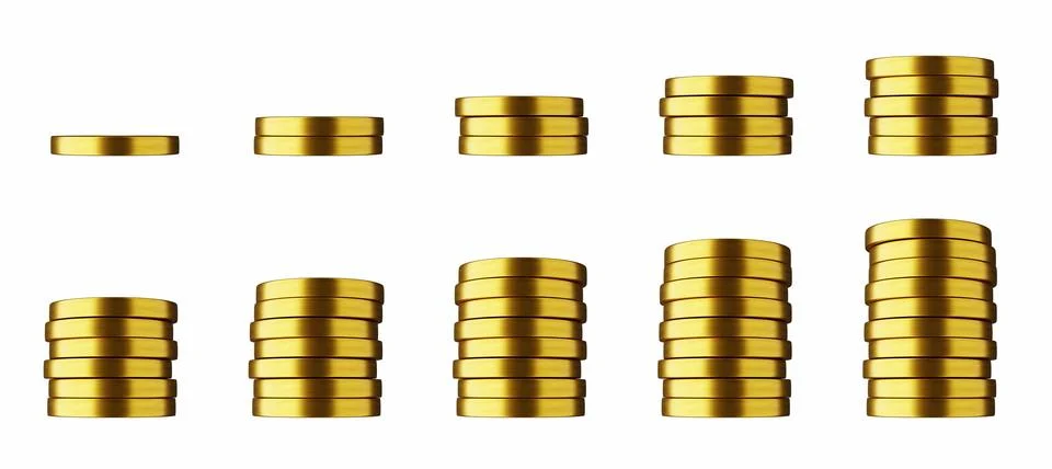 3D golden coin realistic stack set, render money pile animation kit on white イラスト素材