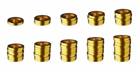 3D golden coin stack set, realistic render money pile animation kit on white Stock Illustration