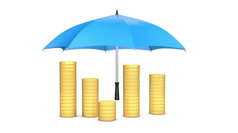 3d golden coins stacking up and coming under protection of an umbrella Stock Footage 61821799