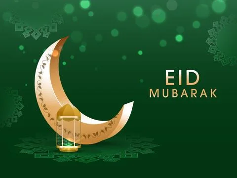 3D Golden Crescent Moon with Lantern on Light Effect Green Islamic Pattern .. Illustrazione stock