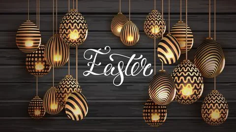 3d golden egg patterned easter background vector on black wood. Holiday vector Stock Illustration