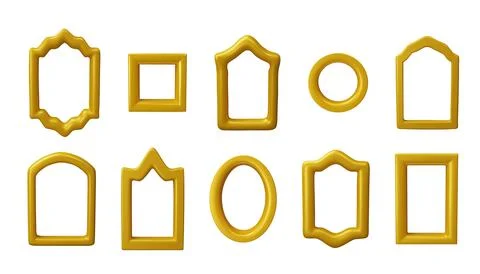 3D golden frames vector set, vintage border design different forms, yellow Stock Illustration