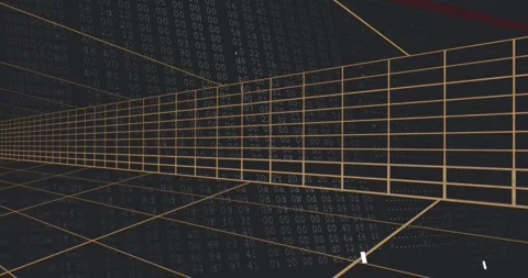 3D golden grid corridor starting static then getting streaming code columns Stock Footage 326762403