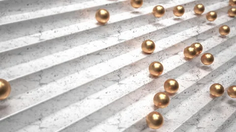3D golden metallic balls falling randomly down a white marble stair. Video stock 253514199